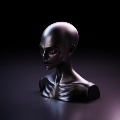 Human-like alien, wrinkled face, piercing red eyes.