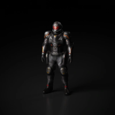 Heavily armored soldier in high-tech gear, helmeted face.