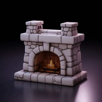 Stone fireplace with lit firewood.