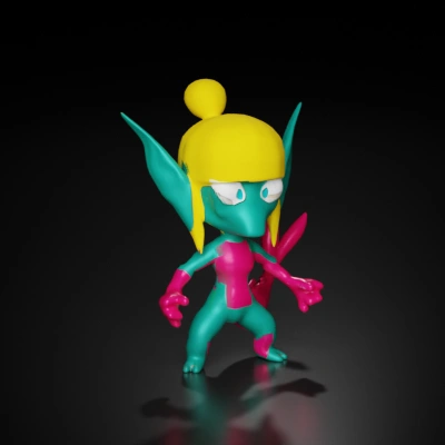 Cartoonish alien warrior with large head, two arms, and tail.
