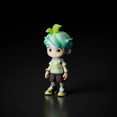 Cartoon-style kid with leafy hair, casual outfit.