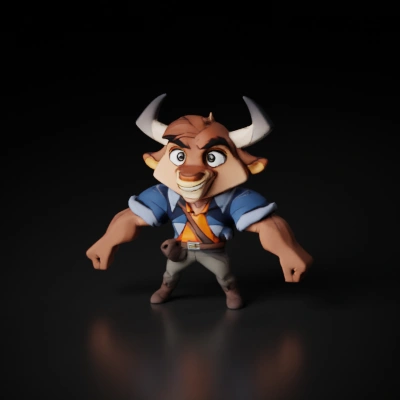 Anthropomorphic bull warrior with friendly demeanor, ready for battle.