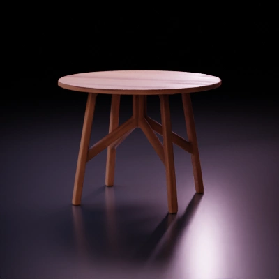 Circular wooden table with four legs, Cross Leg Wood Dining Table Round Brown, edge sharper details.