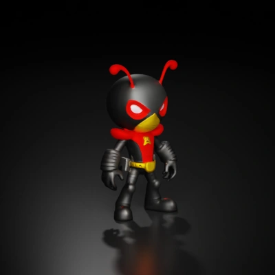 Cartoon bug superhero with antennae, muscular build.