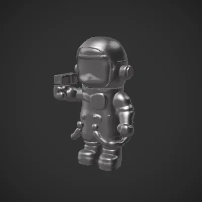 Toy astronaut with whimsical design, holding a blaster. symmetric geometry, smooth edges, character