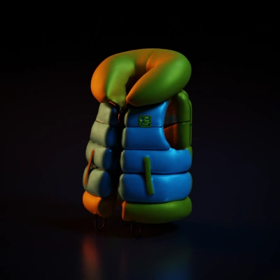 Inflatable life jacket, secured straps, buoyant. Yellow.