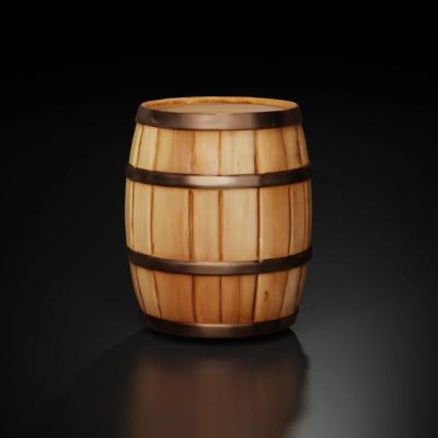 Wooden barrel container, reinforced with metal bands.