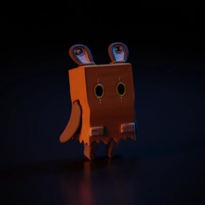 Robot with box head and button-like eyes.