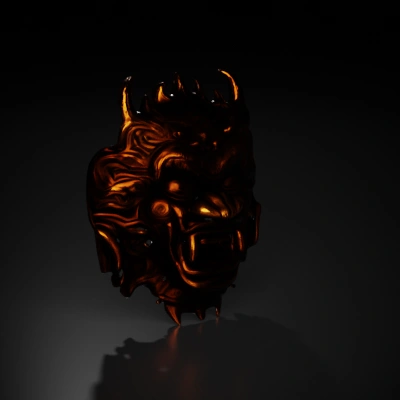 Intricately carved wooden mask with demonic features.