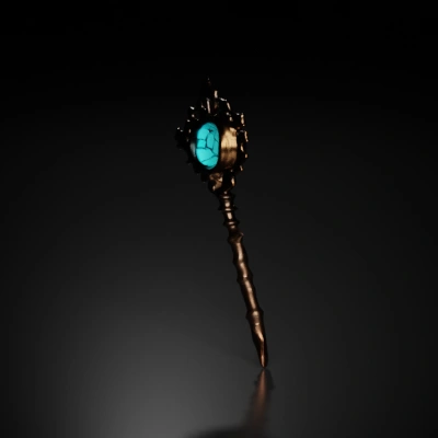 Mystical wooden staff with glowing crystal, intricate design.