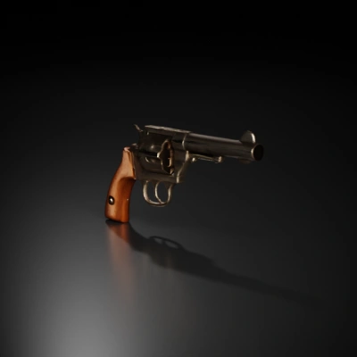 Revolver with wooden handle, metal barrel, and spinning cylinder.