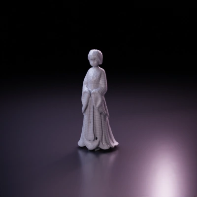 Traditional dressed woman standing, serene expression.