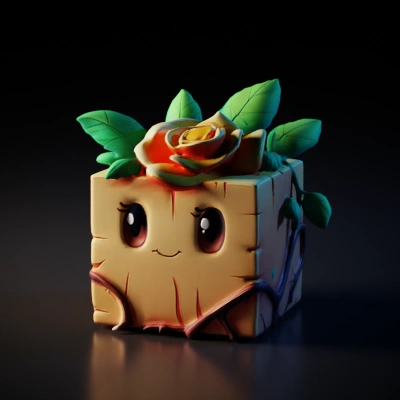 Cute wooden cube with rose and leaves.