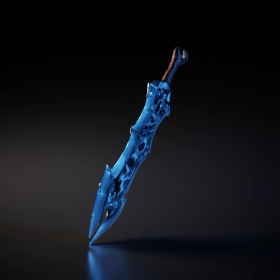 Fantasy sword with intricate design, large blade.