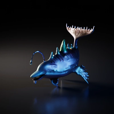 Deep-sea anglerfish with spiky protrusions, bioluminescent lure, large mouth.