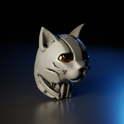Robotic cat head with mechanical details.