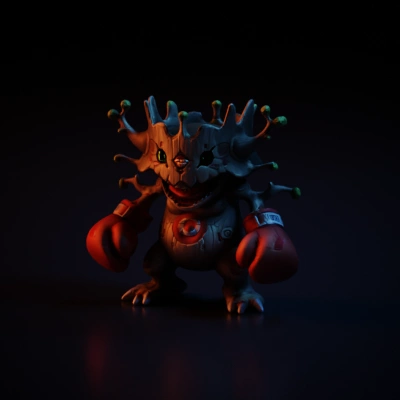 Tree-like monster with boxing gloves, cartoonish design.