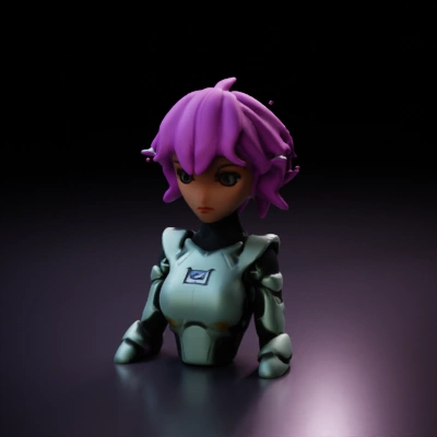 Stylized female character in futuristic armor.
