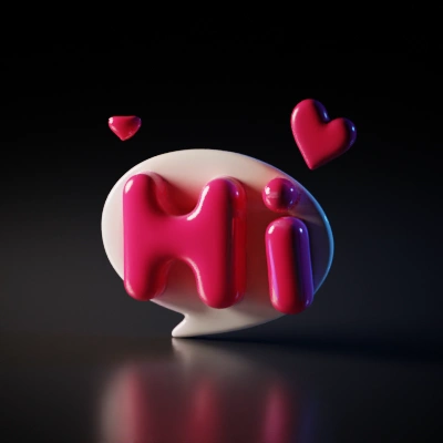 Text bubble with hearts around, reads "Hi".