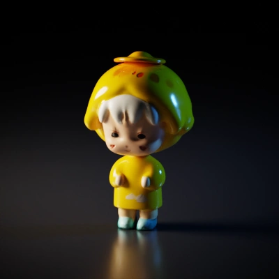 Child character in yellow rain gear, holding hat.