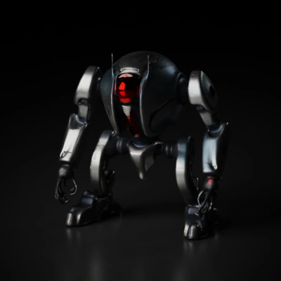 Battle-ready robot with articulated limbs, glowing red eye.