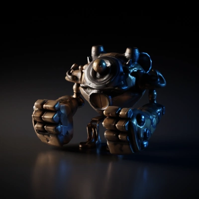 Steampunk-inspired humanoid robot with mechanical limbs.