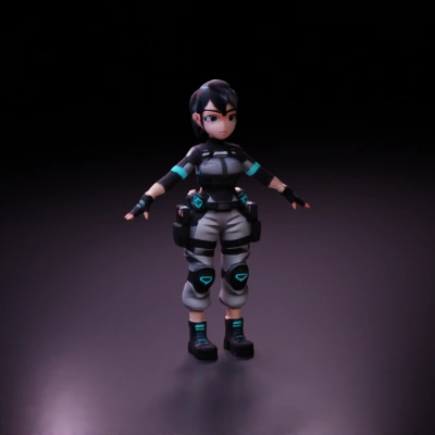 Cartoon-style soldier with futuristic gear, standing. She has gray highlights and black hair. Eyes are color #4ce712