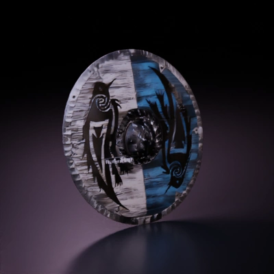 Viking shield with bird designs.