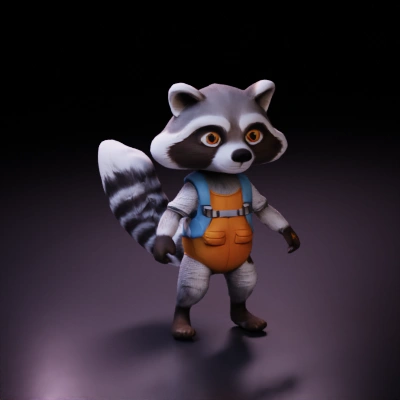 Raccoon wearing overalls and a backpack, animated character.