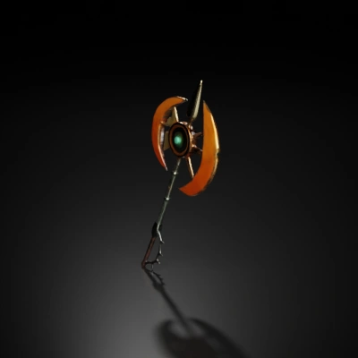 Double-headed battle axe, spear tip, spiked pommel.