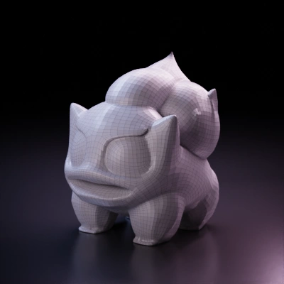 Stylized dragon-like creature, cheerful expression,Pokémon, Bulbasaur. symmetric geometry, smooth edges, character.