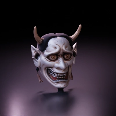 Demon mask with exaggerated features, theatrical design.