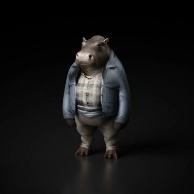 Anthropomorphic hippo dressed in human clothing.