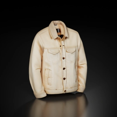 Beige denim jacket with fur collar.