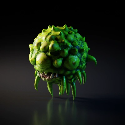 Spiky, alien plant monster with eyes and teeth.