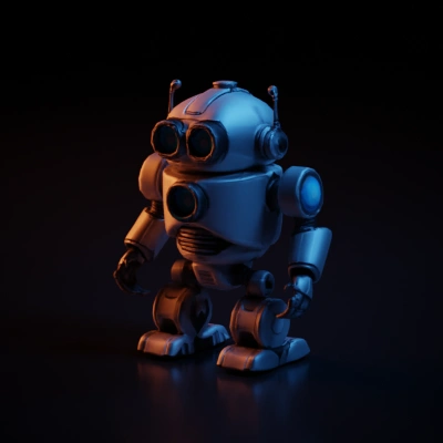 Retro-styled robot, large blue eyes, antennas, mechanical arms, hook hands.