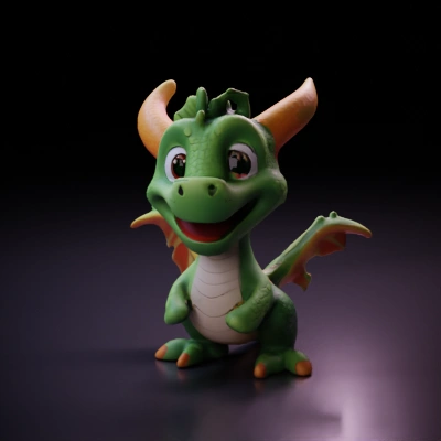 Cute cartoon dragon with big eyes, friendly appearance.