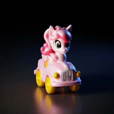 Cartoon pony riding in toy car.