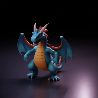 Cartoon dragon, wings, horns, fierce expression.