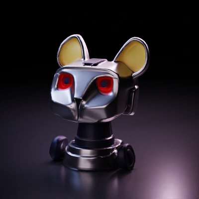 Robotic cat with mechanical features, illuminated eyes.