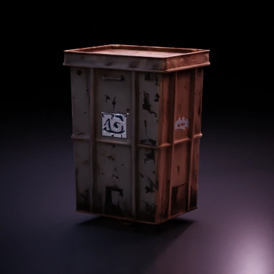 Rusty metal trash container, old and worn.