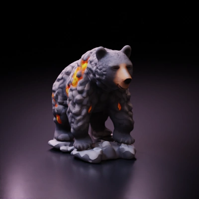 Lava bear with rugged rocky fur, fire glowing inside.