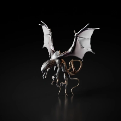 Mechanical dragon with robotic wings, detailed design, fantasy, purple otherworldly skin, vibrant colored eyes
