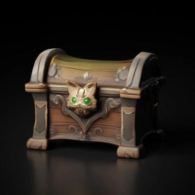 Fantasy-style treasure chest with cat face ornament.
