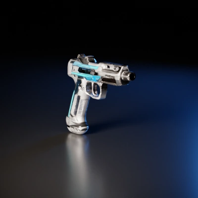 Futuristic handgun with tech accents.