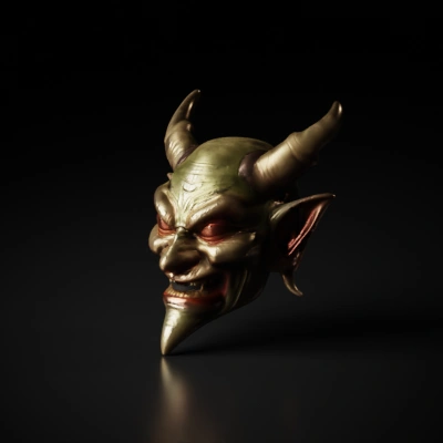 Demonic creature head with horns, sharp teeth.