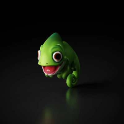 Chameleon cartoon character, excited expression with big eyes.