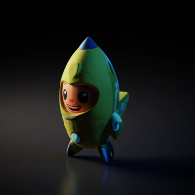 Smiling cartoon rocket with human face.