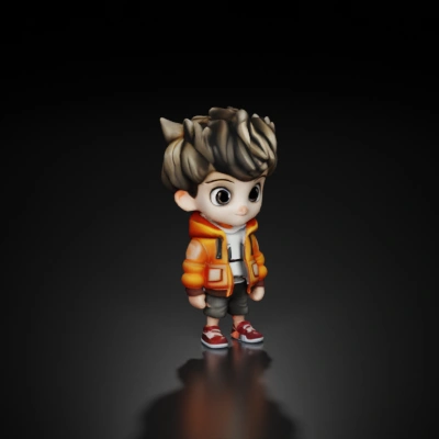 Childlike animated character with exaggerated features.