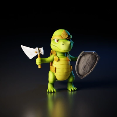 cartoon dinosaur warrior with shield.